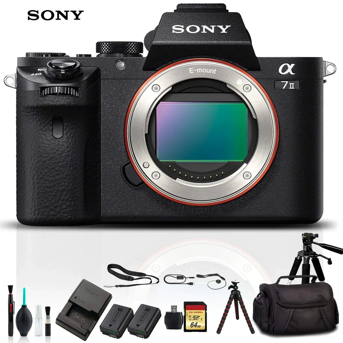 ILCE7M2/B Card, Card , 64GB Plus Alpha Mirrorless Tripod, a7 Memory Essential Additional Reader With Battery, Soft II Sony Camera Bag, Accessories