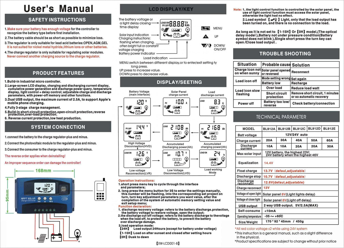 MPPT LCD USB Solar Dual Mistaha Controller Auto Display 100A Charge Regulator Panel Solar Charger Cell