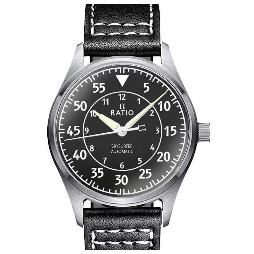 Skysurfer Textured Automatic Ratio Pilot Watch 200M Leather Men's Black Dial RTS320