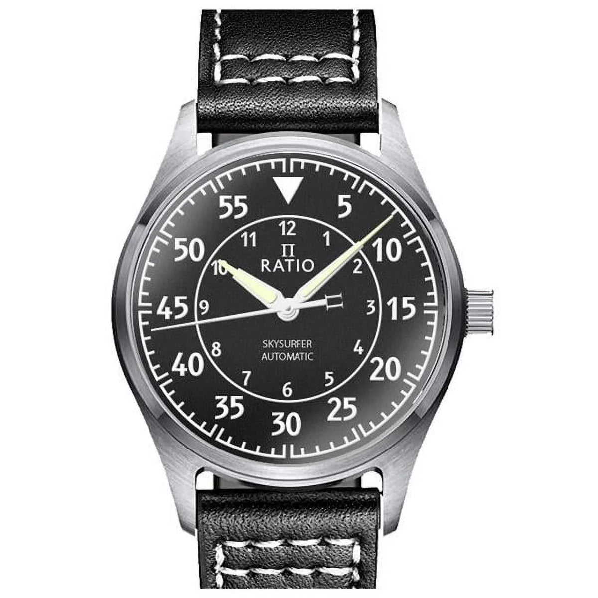 Skysurfer Textured Automatic Ratio Pilot Watch 200M Leather Men's Black Dial RTS320
