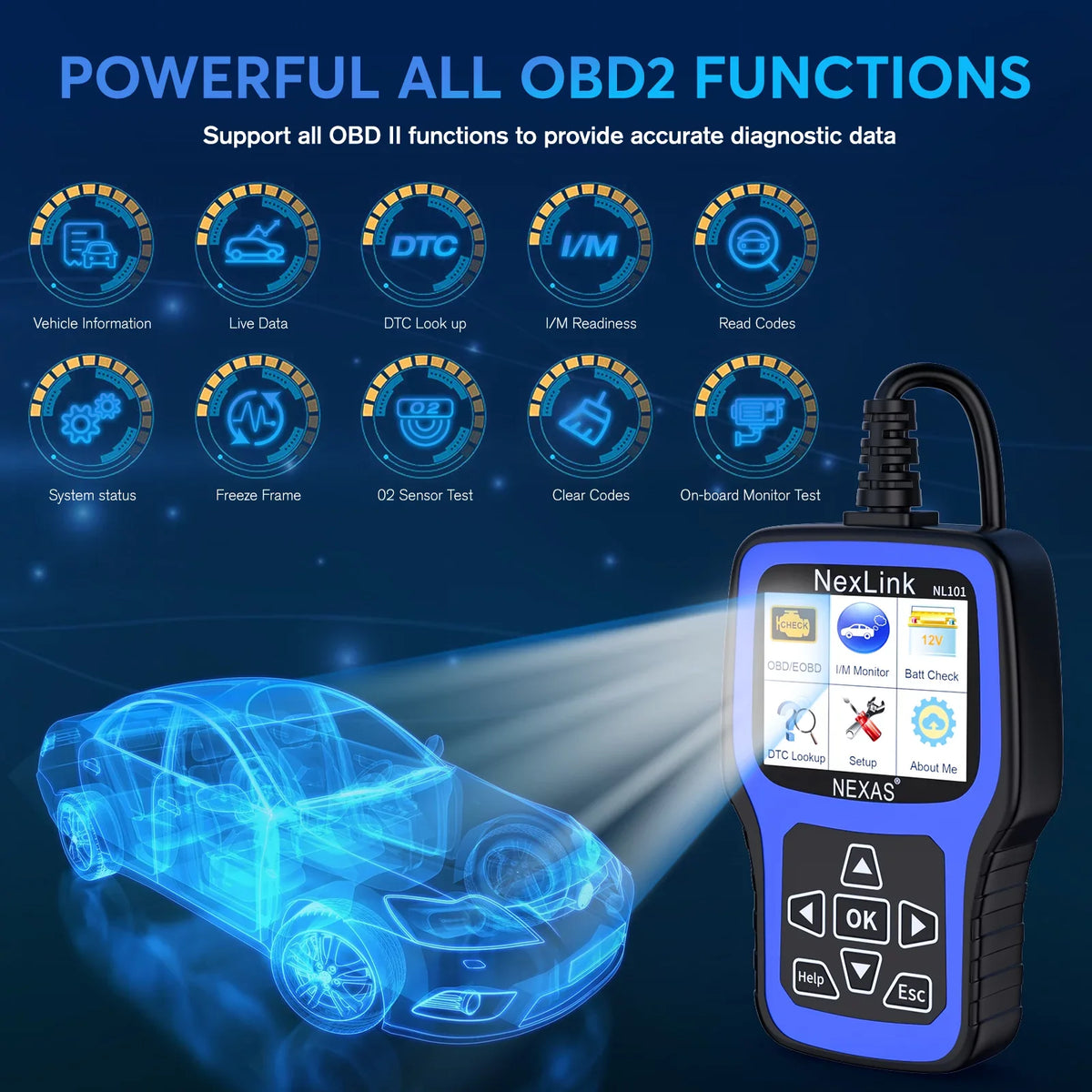 Check Scanner Engine NEXAS Tool Check Car OBDII Automotive Tester Clear Engine OBD2 Reader Code Auto Diagnostic Scanner Car Codes Light Scanner Read Battery OBDII Full NL101 Functions