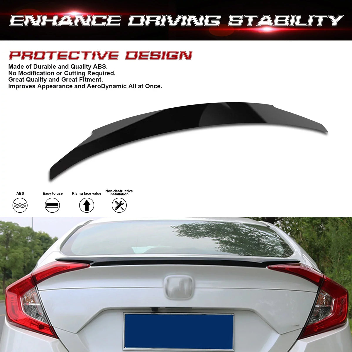 JDM with 2016-2021 Compatible Style Civic Spoiler 10th Lip Trunk Xotic Wing Black Tech Rear Honda Gen Glossy 4DR