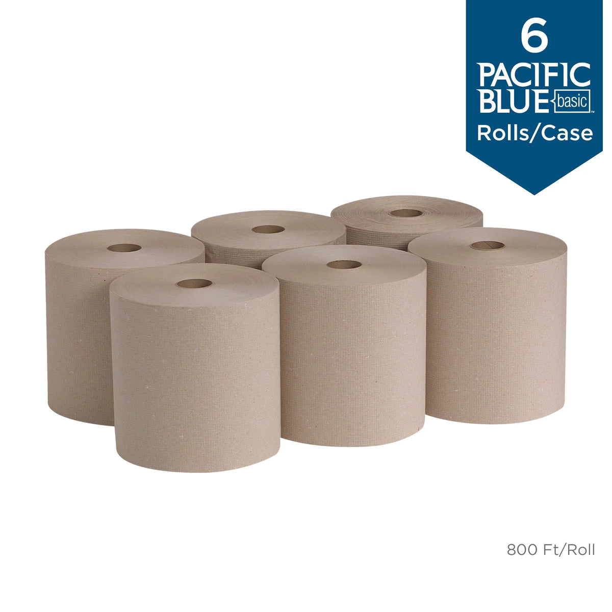 Count 6 Pacific Paper 26301, Recycled Towel Brown, Basic™ Blue Rolls, Hardwound (800 Feet/Roll)