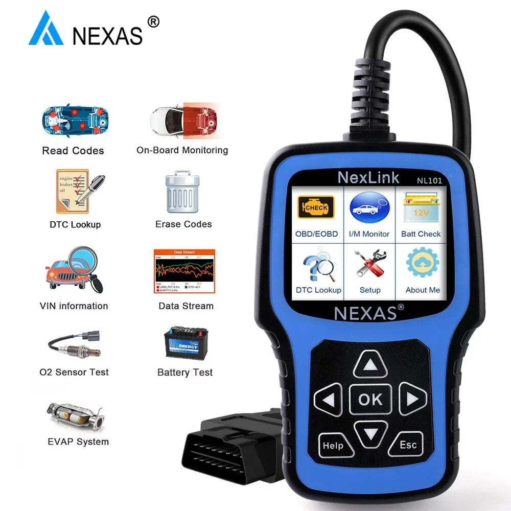 Check Scanner Engine NEXAS Tool Check Car OBDII Automotive Tester Clear Engine OBD2 Reader Code Auto Diagnostic Scanner Car Codes Light Scanner Read Battery OBDII Full NL101 Functions