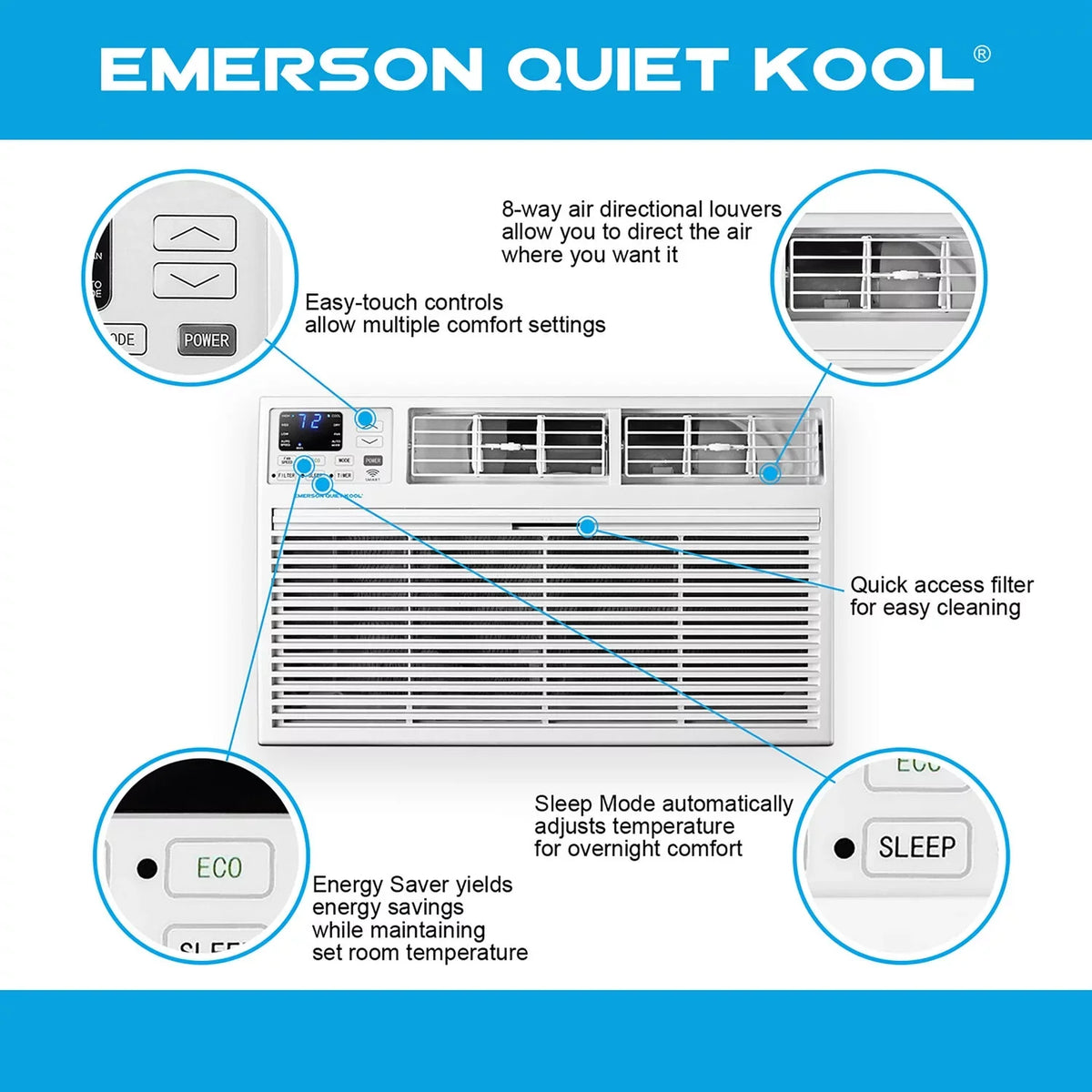 with Through-the-Wall Kool Remote, BTU 8,000 115-Volt Quiet Conditioner White Emerson Air