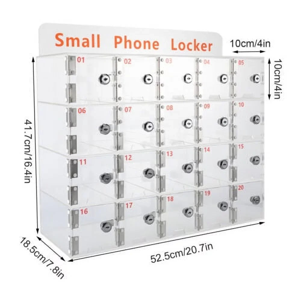 Phone Cellphone Locker Acrylic Thickened w/ Slots 20 Clear Storage Keys Cell Box