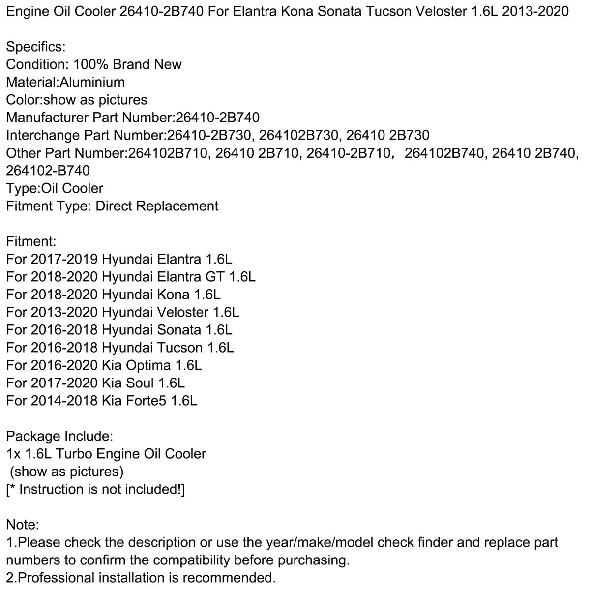 Tucson For 13-20 Oil Cooler Kona Engine Veloster Sonata 1.6L Elantra 26410-2B740