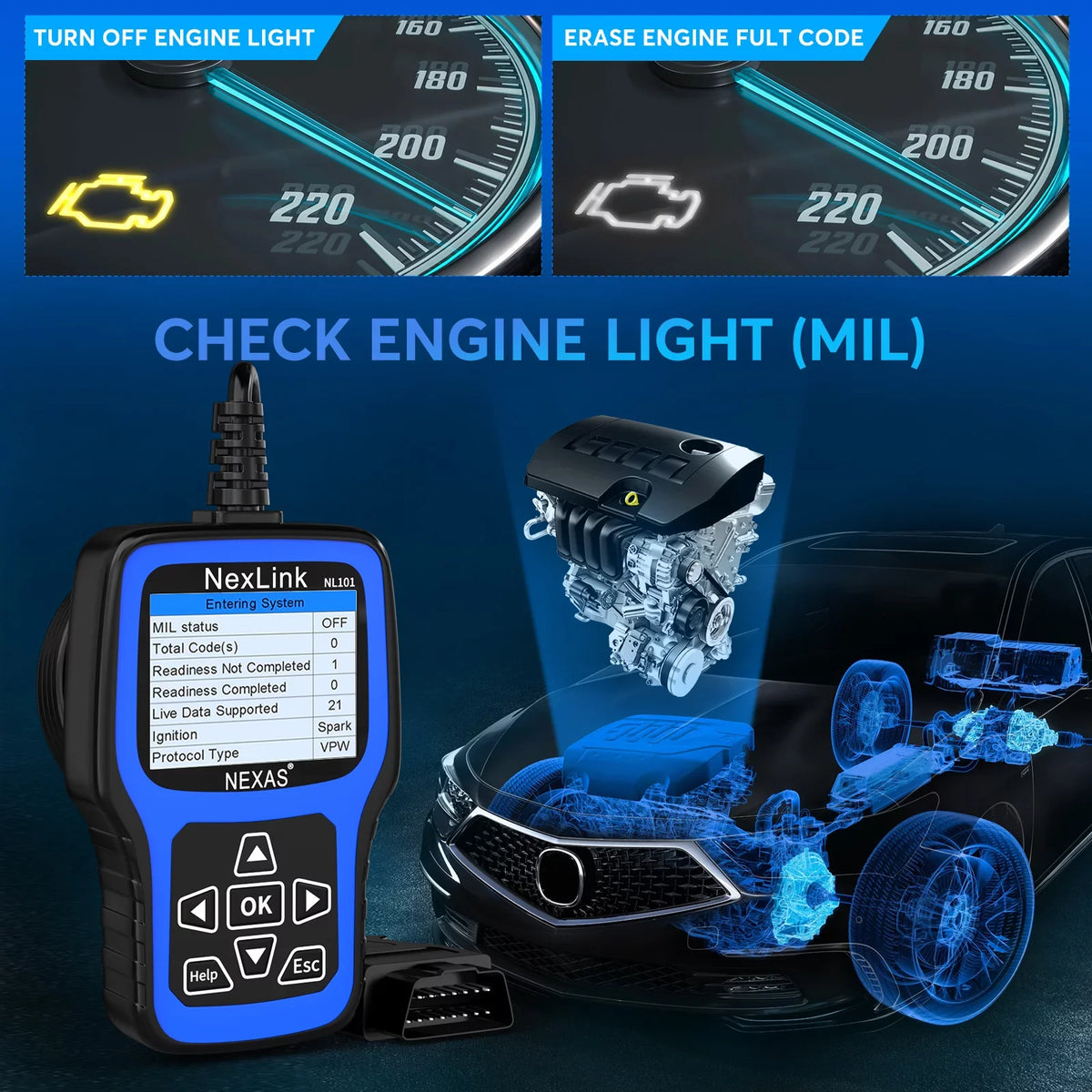 Check Scanner Engine NEXAS Tool Check Car OBDII Automotive Tester Clear Engine OBD2 Reader Code Auto Diagnostic Scanner Car Codes Light Scanner Read Battery OBDII Full NL101 Functions