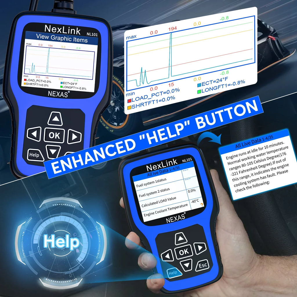 Check Scanner Engine NEXAS Tool Check Car OBDII Automotive Tester Clear Engine OBD2 Reader Code Auto Diagnostic Scanner Car Codes Light Scanner Read Battery OBDII Full NL101 Functions