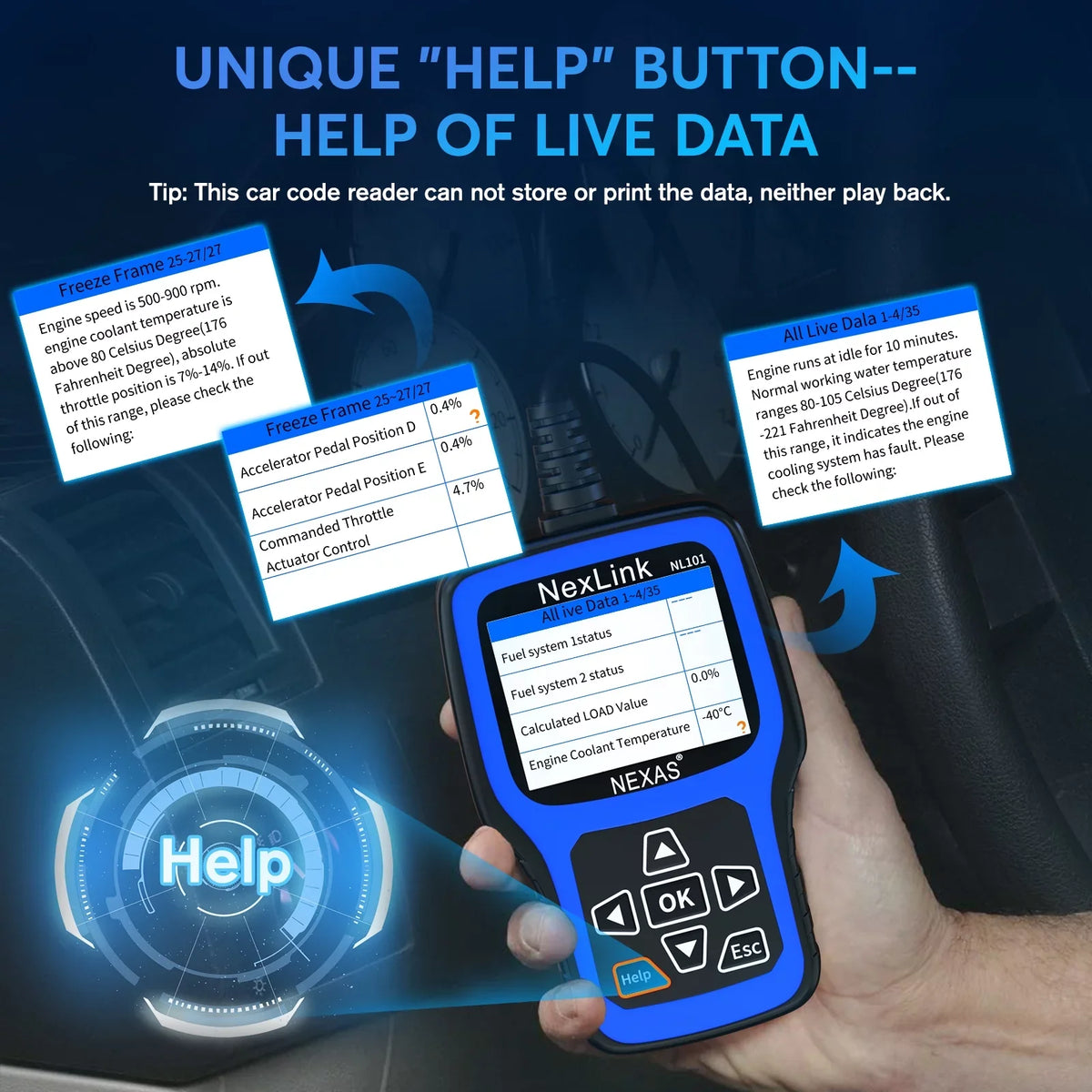 Check Scanner Engine NEXAS Tool Check Car OBDII Automotive Tester Clear Engine OBD2 Reader Code Auto Diagnostic Scanner Car Codes Light Scanner Read Battery OBDII Full NL101 Functions