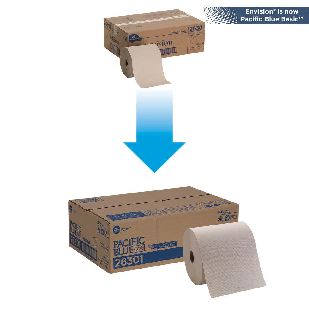 Count 6 Pacific Paper 26301, Recycled Towel Brown, Basic™ Blue Rolls, Hardwound (800 Feet/Roll)