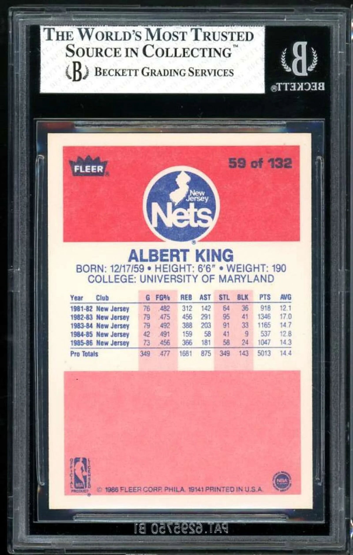 8 Fleer Card BGS King #59 1986-87 Rookie Albert