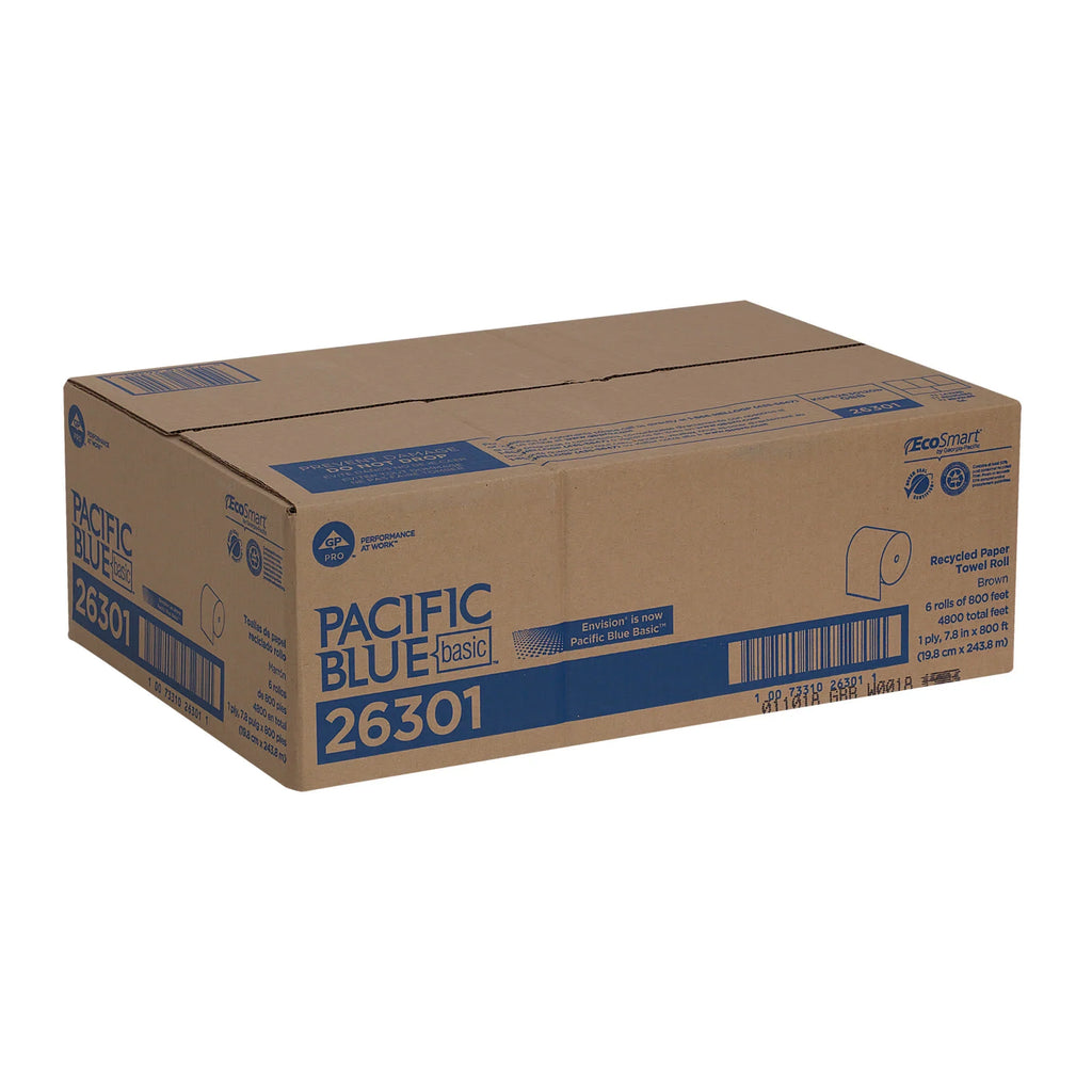 Count 6 Pacific Paper 26301, Recycled Towel Brown, Basic™ Blue Rolls, Hardwound (800 Feet/Roll)