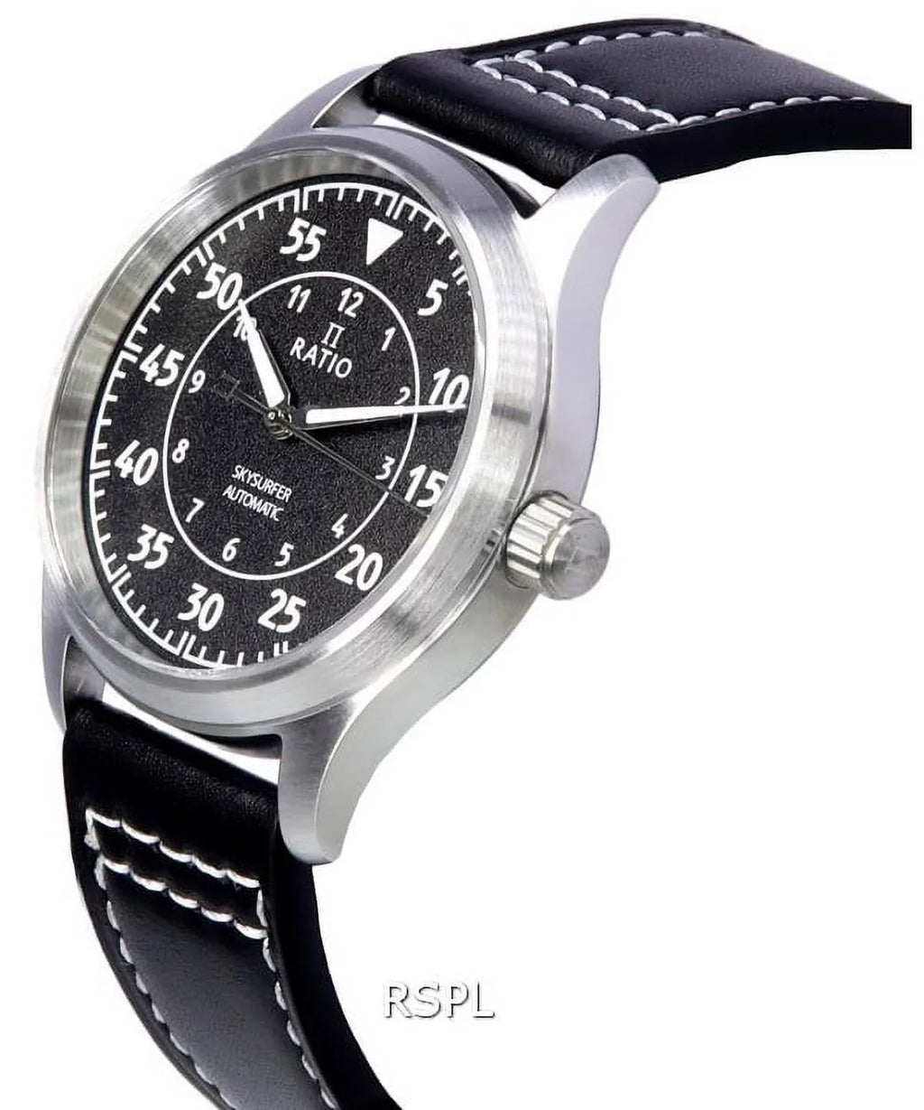 Skysurfer Textured Automatic Ratio Pilot Watch 200M Leather Men's Black Dial RTS320