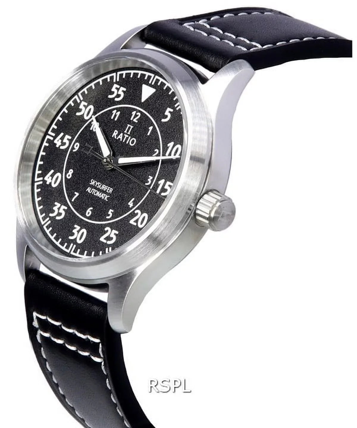 Skysurfer Textured Automatic Ratio Pilot Watch 200M Leather Men's Black Dial RTS320