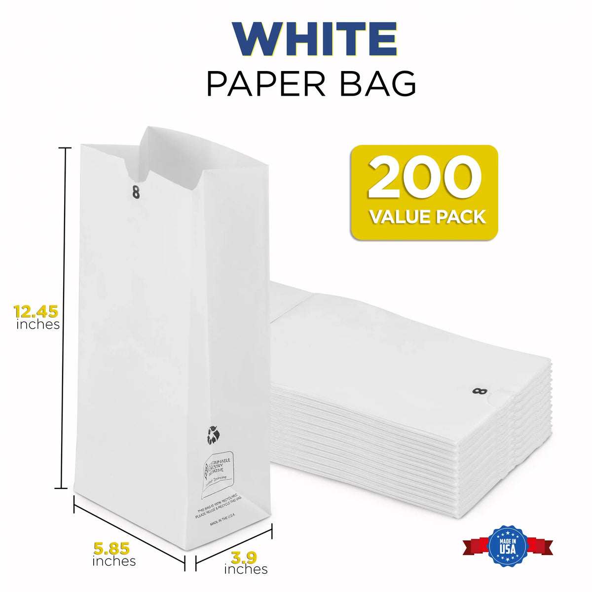 6.13 Shopping Pack] [200 Grocery White Lunch Durable 8 Paper Sack Barrel x Bags x 4.13" Retail 12.44 LB