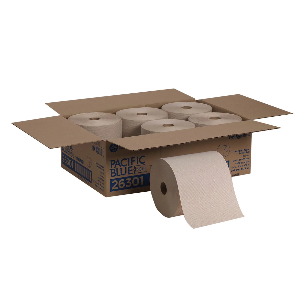 Count 6 Pacific Paper 26301, Recycled Towel Brown, Basic™ Blue Rolls, Hardwound (800 Feet/Roll)