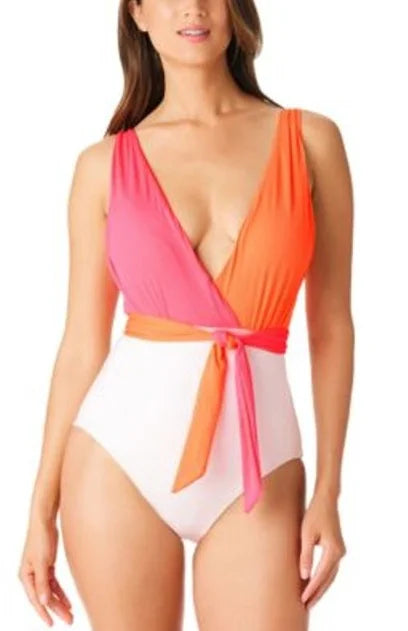 MULTI Sanctuary Colorblocked Large WHITE Swimsuit, One-Piece Tie-Front US