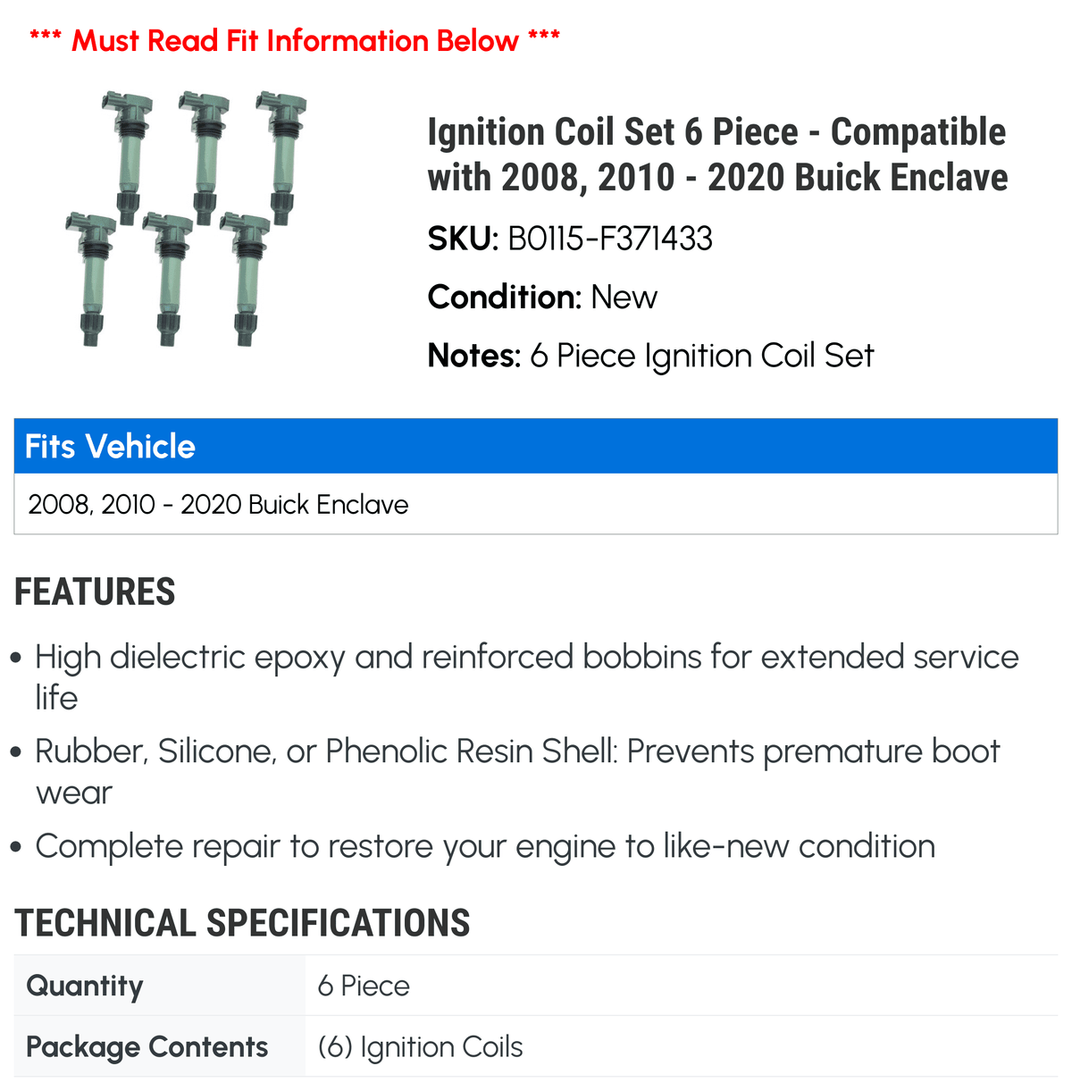 2015 Compatible Coil 2011 2014 2013 2012 2020 - - Enclave 2019 6 Set 2016 2017 2018 with Piece Buick Ignition 2010 2008,